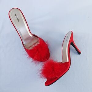 Red Satin Slip On Fluffy Feather Heels